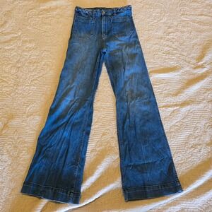 H&M Denim High Waisted Flare Jeans Braided Waist Patch Pockets Size 10 Retro 70s